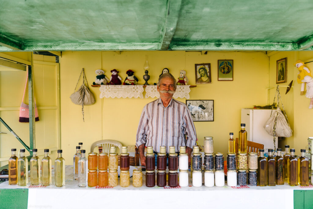A traditional stand on Crete selling olive oil, honey and produce